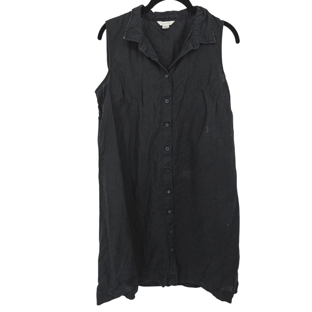 Garnet Hill Shirt Dress Women 10 Black Linen Sleeveless Button Up Shift Casual
